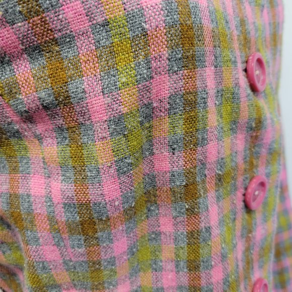 Vtg 60s Handmade Mad Men Pink Plaid Wool Blend Cropped Blazer Jacket Womens M - Picture 13 of 14